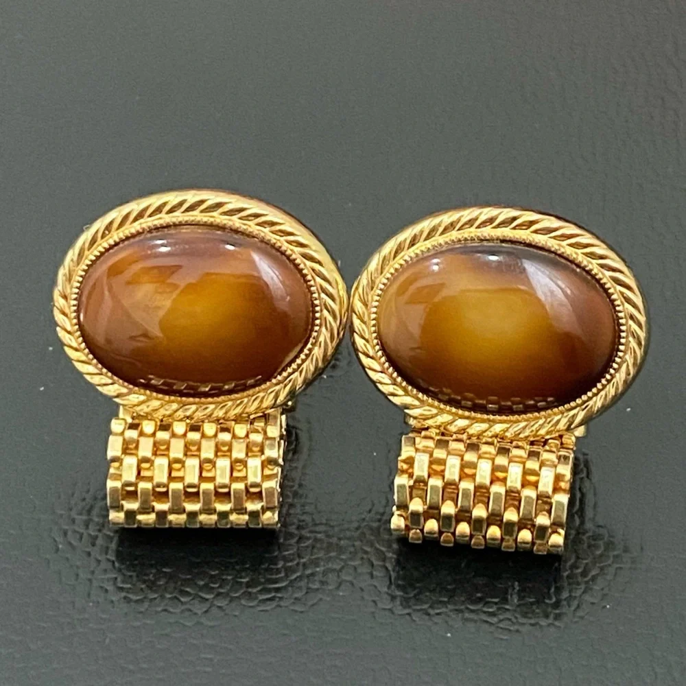 Vintage AVON Yellow/Brown Cabochon Gold-tone Mesh Cuff Links